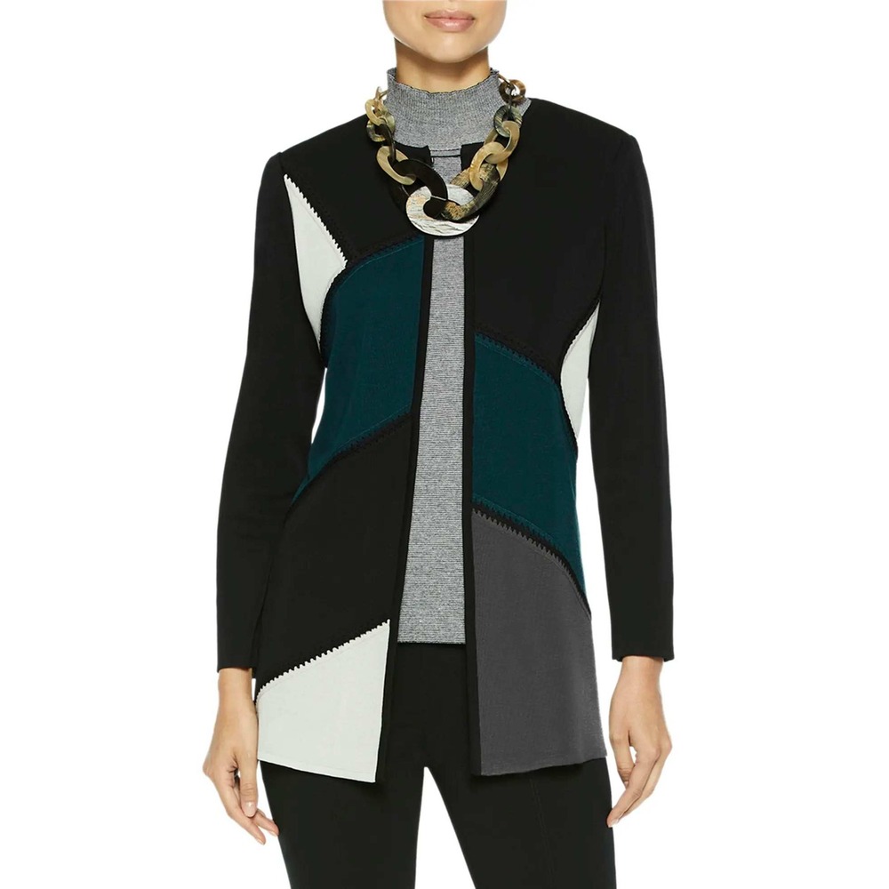 Misook Luxury Knit Colorblock Open Front Cardigan Jacket L
